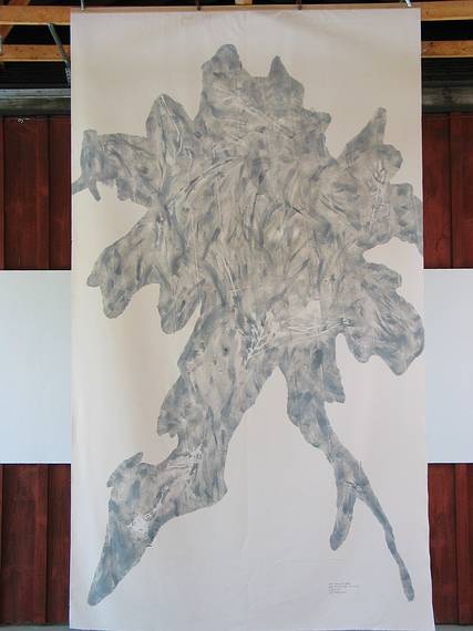 July 23, 2005 - Stone Quary Hill Sculpture Park, Cazenovia, New York.<br />Joyce's "Sugar Maple Footprint, Cazenovia, NY", 74"x131",<br />paint on canvas, suspended from the ceiling in the gallery atop the Hill.
