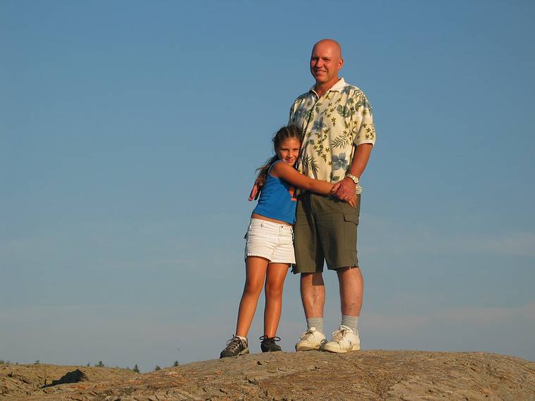 August 7, 2005 - Hermit Island, Small Point, Maine.<br />Arianna and her father Tom at Joe's Head.