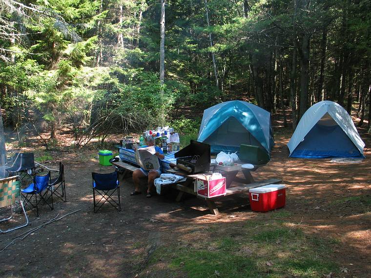 August 8, 2005 - Hermit Island, Small Point, Maine.<br />Norma at our camp site #3 on Channel Rd.