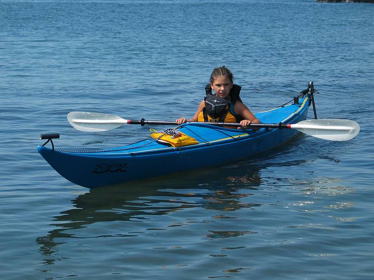 August 8, 2005 - Hermit Island, Small Point, Maine.<br />Arianna in Joyce's Scimitar kayak on Sunset Lagoon.