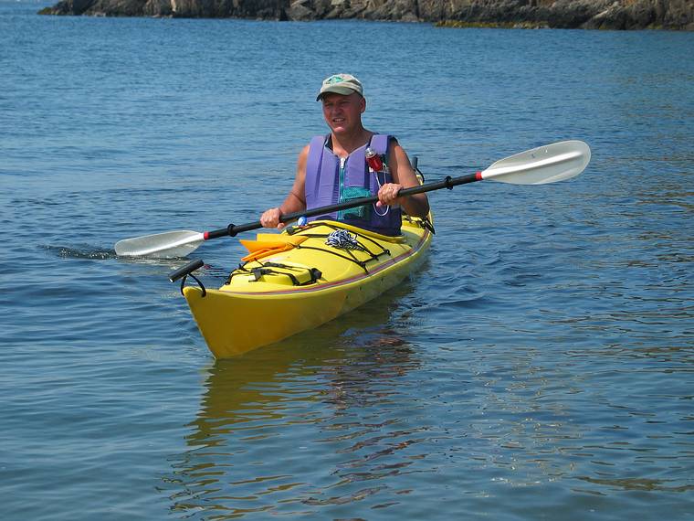 August 8, 2005 - Hermit Island, Small Point, Maine.<br />Tom in my Sea Lion kayak on Sunset Lagoon.