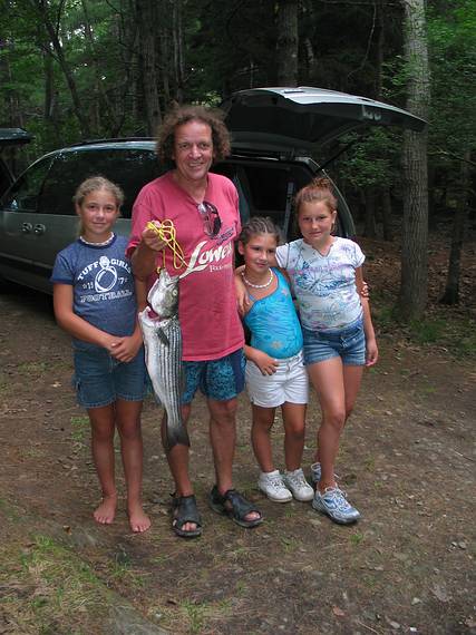 August 8, 2005 - Hermit Island, Small Point, Maine.<br />Marissa, Paul, Arianna, and Marissa's friend Laura with 26" striper caught by Paul.