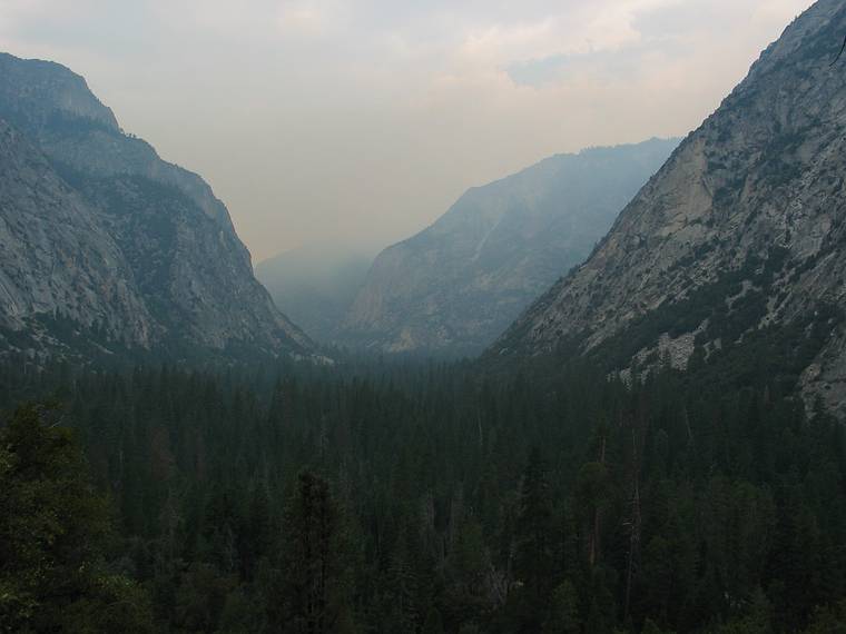August 14, 2005 - Kings Canyon National Park, California.<br />View west of Kings Canyon from Bubbs CreekTrail.<br />Note smoke from a forest fire above Cedar Grove Village.