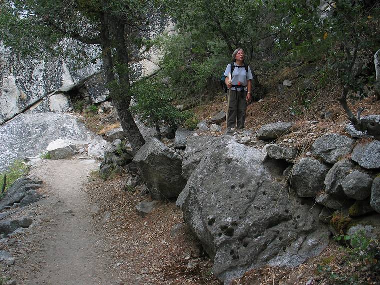 August 14, 2005 - Kings Canyon National Park, California.<br />Joyce on one of the many switchbacks of Bubbs Creek Trail.