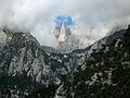 August 16, 2005 - Whitney Portal Road out of Lone Pine, California.<br />Keeler Needle with Mt. Whitney on the clouds just to the right.