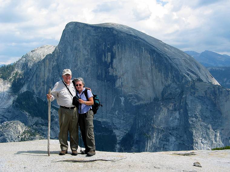 August 17, 2005 - Yosemite National Park, California.<br />Nine mile hike from CA-120 at Porcupine Creek to North Dome and back.<br />Egils and Joyce on North Dome with Half Dome as the backdrop.