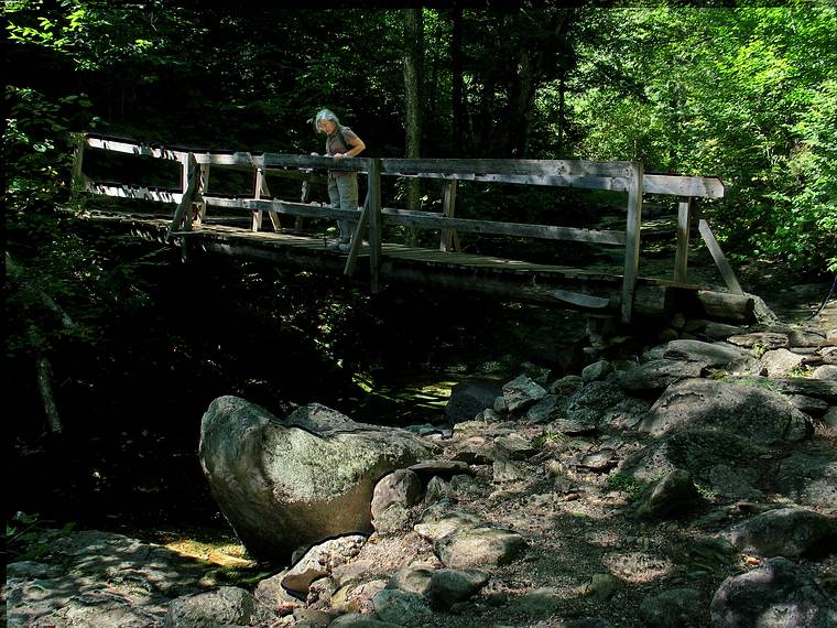 Sept. 4, 2005 - Mount Cardigan, New Hampshire.<br />Joyce on Croo Bridge over Bailey Brook on Hoyt Trail.