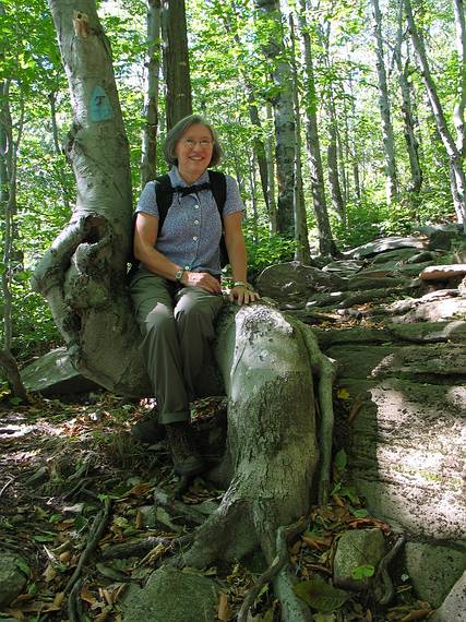 Oct. 1, 2005 - Wachusett Mountain State Reservation, Princeton, Massachusetts.<br />Joyce on crooked tree on Loop Tail.