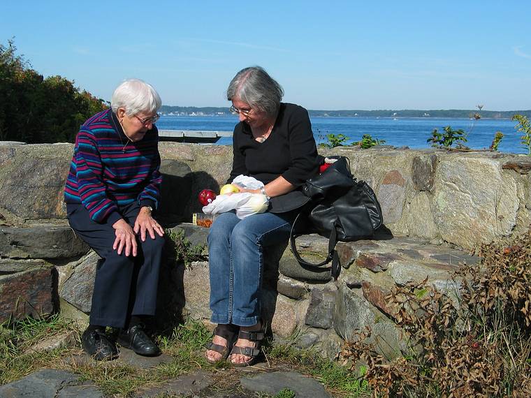 October 2, 2005 - Odiorne State Park, Rye, New Hampshire.<br />Marie and Joyce enjoying a snack.