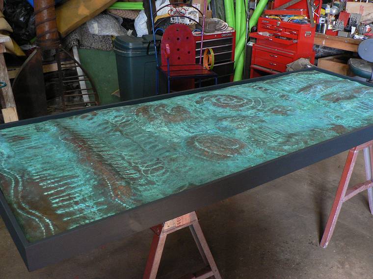 October 28, 2005 - Bar Harbor, Mount Desert Island, Maine.<br />At Melita Westerlund's studio.<br />Patinaed copper relief