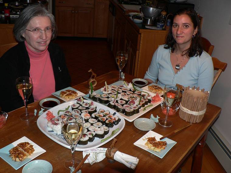 Joyce and Melody and sushi prepared by her and Sati.<br />Dec. 23, 2005 - Merrimac, Massachusetts.