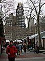 Bryant Park with "The Bryant Park" building in back.<br />We explored the many crafts booths in the park.<br />Dec. 31, 2005 - New York, New York.