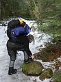 Feb. 4, 2006 - White Mountains, New Hampshire.<br />Successful hike to Carter Notch Hut.<br />Joyce adjusting her StabileIcers along Nineteen Mile Brook Trail.