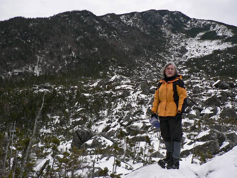Feb. 4, 2006 - White Mountains, New Hampshire.<br />Successful hike to Carter Notch Hut.<br />Joyce near the hut with Carter Dome in back.