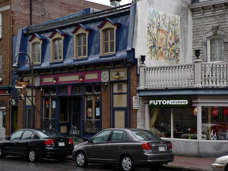 April 15, 2006 - Quebec City, Quebec, Canada.<br />The Sacrilege Bar on Rue St-Jean across the street from Saint-Jean-Baptiste Church.