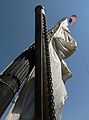 June 16, 2006 - Prescott Park, Portsmouth, New Hampshire.<br />The gundalow's hinged mast to allow it to go under low bridges.