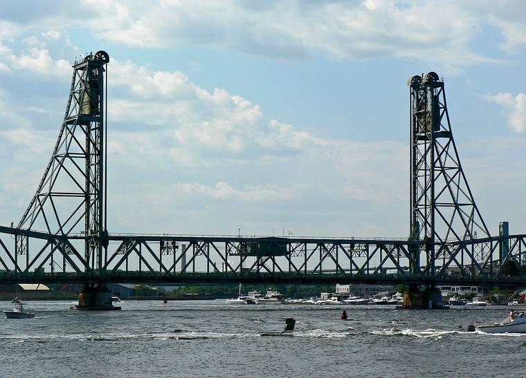 June 16, 2006 - Four Tree Island, Portsmouth, New Hampshire.<br />Route US-1 bridge over Piscataqua River in its down position for car traffic.