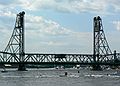 June 16, 2006 - Four Tree Island, Portsmouth, New Hampshire.<br />Route US-1 bridge over Piscataqua River in its down position for car traffic.