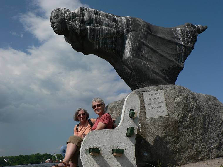 June 16, 2006 - Four Tree Island, Portsmouth, New Hampshire.<br />Joyce and Baiba. The plaque reads "For Those Who Sailed Here To Find A New Life".