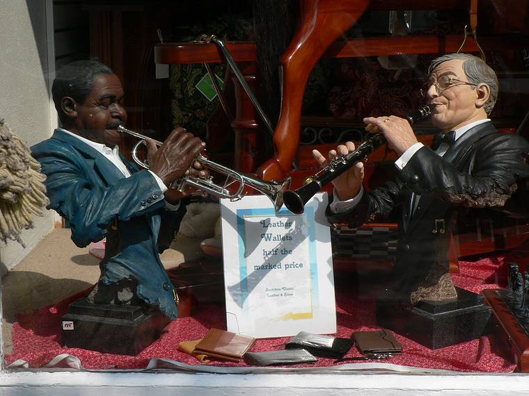 July 11, 2006 - Lenox, Massachusetts.<br />Window display (Louis Armstrong and Benny Goodman).