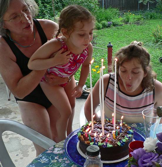 July 16. 2006 - Lawrence, Massachusetts.<br />Celebrating Holly's birthday.<br />Miranda, held by Joyce, helping Holly blow out her birthday candles.