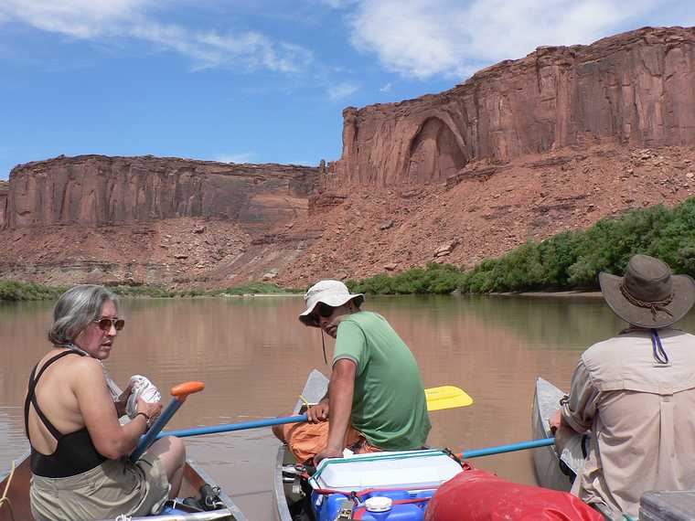 August 12, 2006 - Day 1 on the Green River, Utah.<br />All three canoes now drifting with Joyce, Sati, and Brad in the front seats.