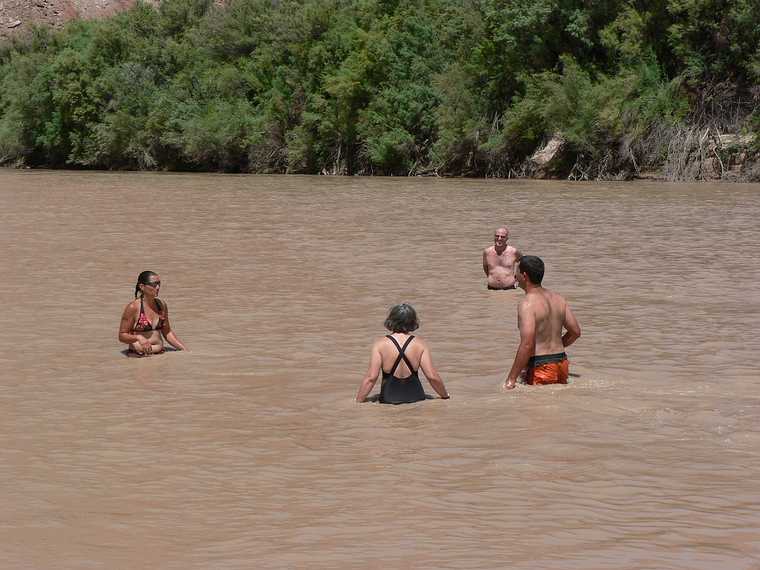 August 12, 2006 - Day 1 on the Green River, Utah.<br />Melody, Joyce, Brad, and Sati holding a conference?