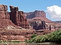 August 13, 2006 - Day 2 on the Green River, Utah.<br />Melody and Sati dwarfted by the landscape.
