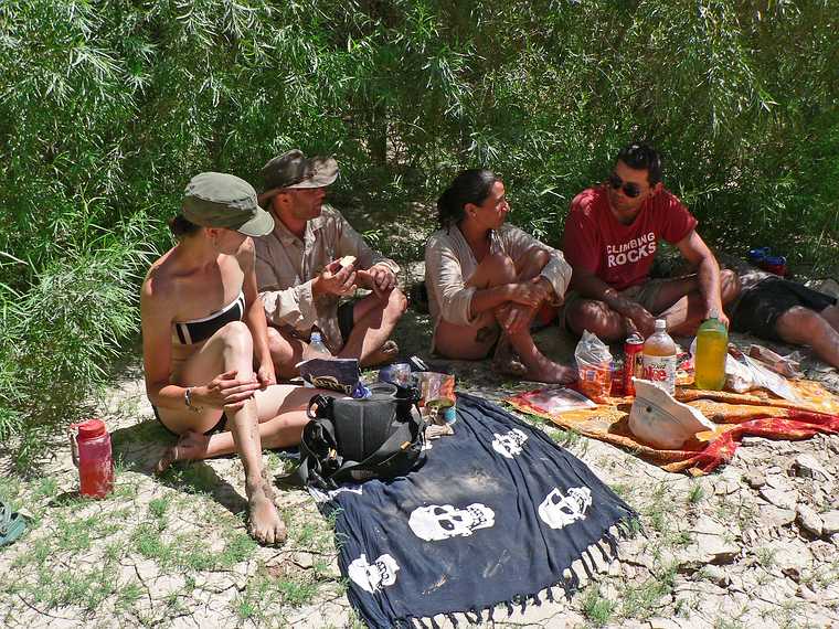 August 14, 2006 - Day 3 on the Green River, Utah.<br />Lunch stop.<br />Heather, Brad, Melody, Sati, and yours trully, who is taking a nap in the bushes.