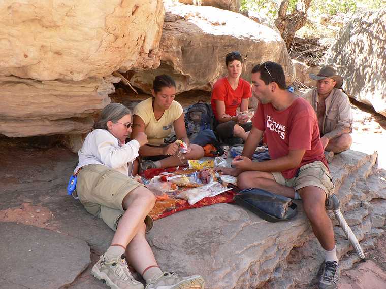 August 15, 2006 - Day 4 on the Green River, Utah.<br />Joyce, Melody, Heather, Sati, and Brad at lunch.<br />This is as far as we got into the Water Canyon, as it was very hot.