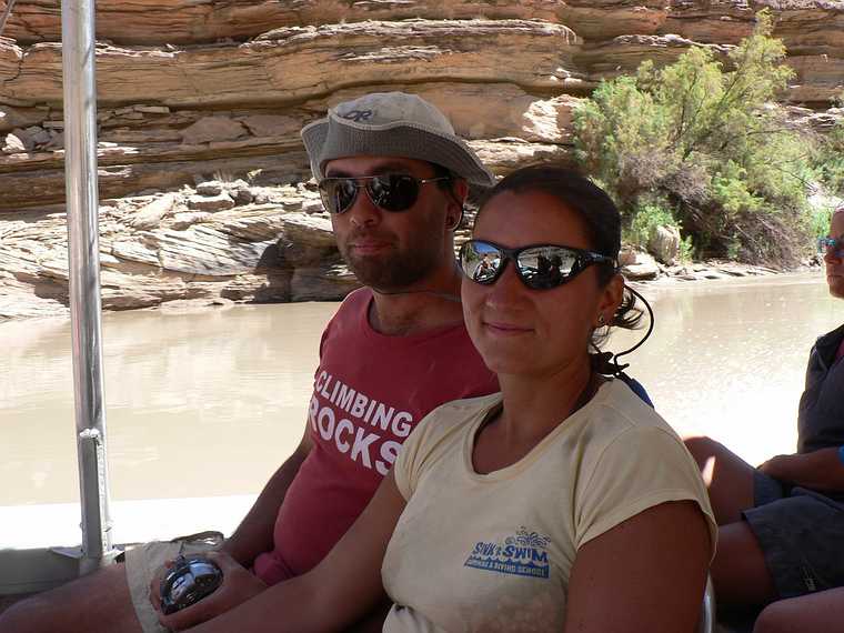August 16, 2006 - Day 5, now on the Colorado River, Utah.<br />Sati and Melody on the boat.
