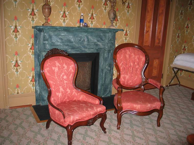 Sept. 19, 2006 - Longwood University's Alumni House, Farmville, Virginia.<br />The bedroom set was built in 1876.  Our room was named after the couple who owned it.<br />The wall paper was handpainted and the carpeting woven in France.