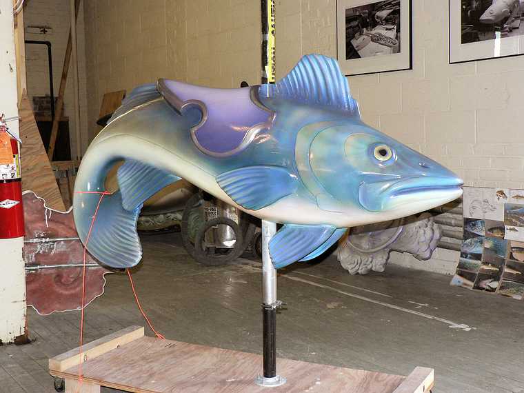 March 25, 2007 - Haverhill, Massachusetts.<br />Open studio showing carousel panels and figures, in this case a fish.