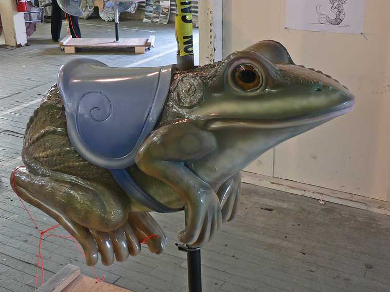 March 25, 2007 - Haverhill, Massachusetts.<br />Open studio showing carousel panels and figures, here a frog.