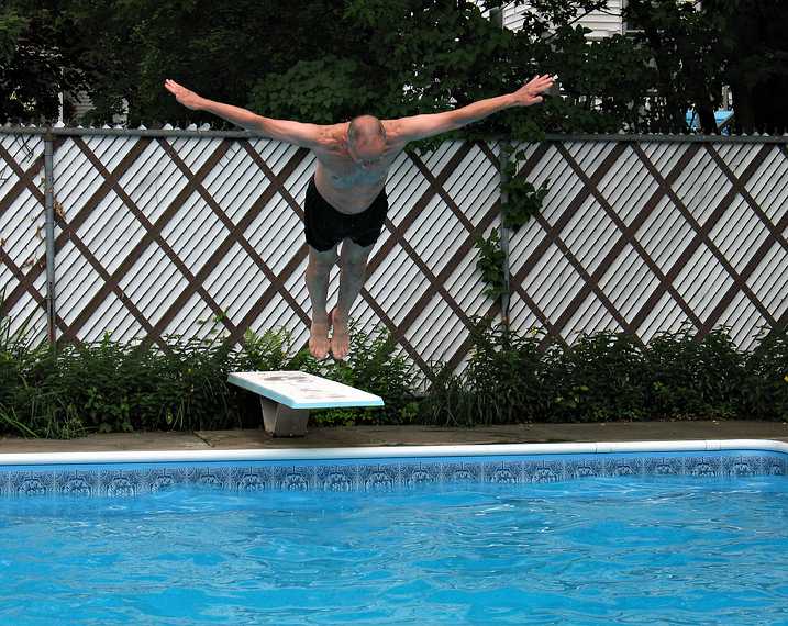 July 11, 2007 - Lawrence, Massachusetts.<br />Baiba and Ronnie visiting Marie's resort.<br />Ronnie showing off his diving skills.