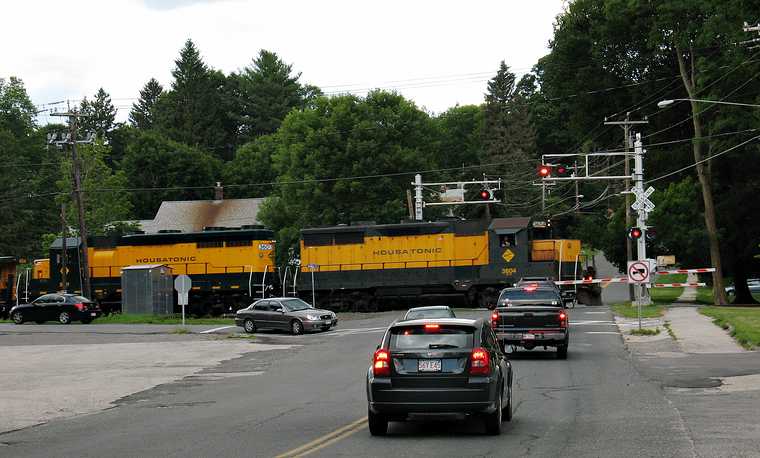 July 13, 2007 - Lee, Massachusetts.<br />A Housatonic Railroad train as seen from the W. Park St. bridge over the Housatonic River.