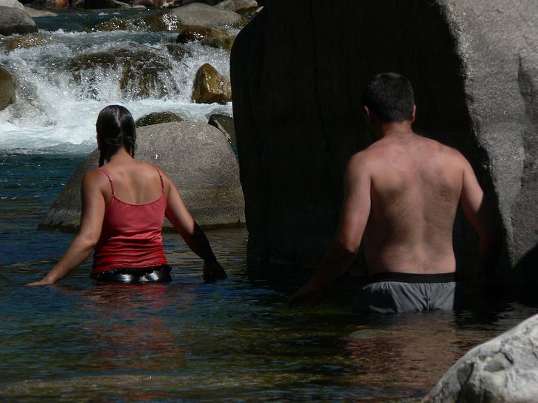 August 12, 2007 - Sequoia National Forest, California.<br />Melody and Sati wading in.