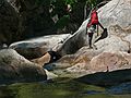 August 12, 2007 - On the Marble Fork of Kaweah River, Sequoia National Park, California.<br />There goes Sati sliding into the next pool while Heather watches.