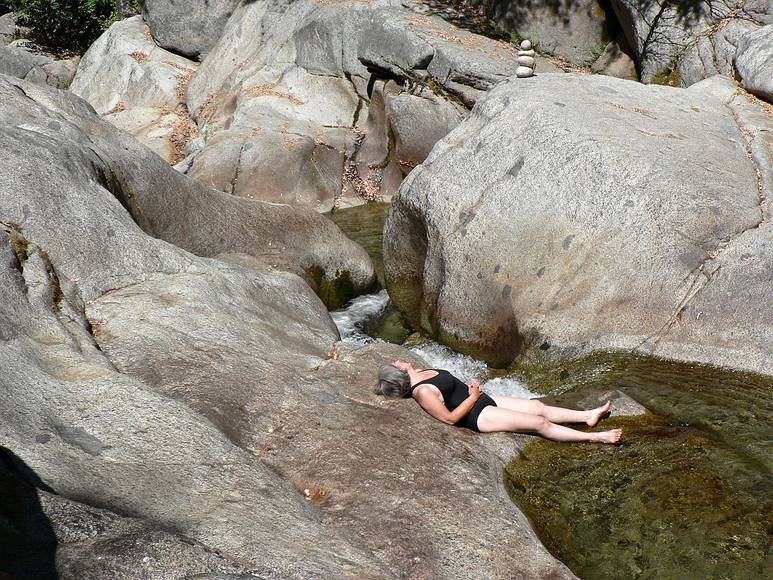 August 12, 2007 - On the Marble Fork of Kaweah River, Sequoia National Park, California.<br />With the canyoneering team gone, Joyce (and I) relax at the starting point.