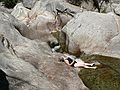 August 12, 2007 - On the Marble Fork of Kaweah River, Sequoia National Park, California.<br />With the canyoneering team gone, Joyce (and I) relax at the starting point.