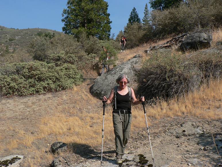 August 15, 2007 - Sequoia National Forest, California.<br />Bushwhacking from Hume Lake Road to Ten Mile Creek.<br />Joyce, followed by Curly (behind bush) and Heather.