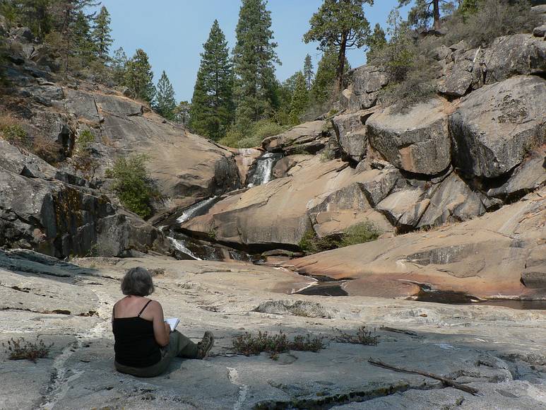 August 15, 2007 - Sequoia National Forest, California.<br />At the canyoneering trip start on Ten Mile Creek.<br />Joyce painting the scenery in watercolor.