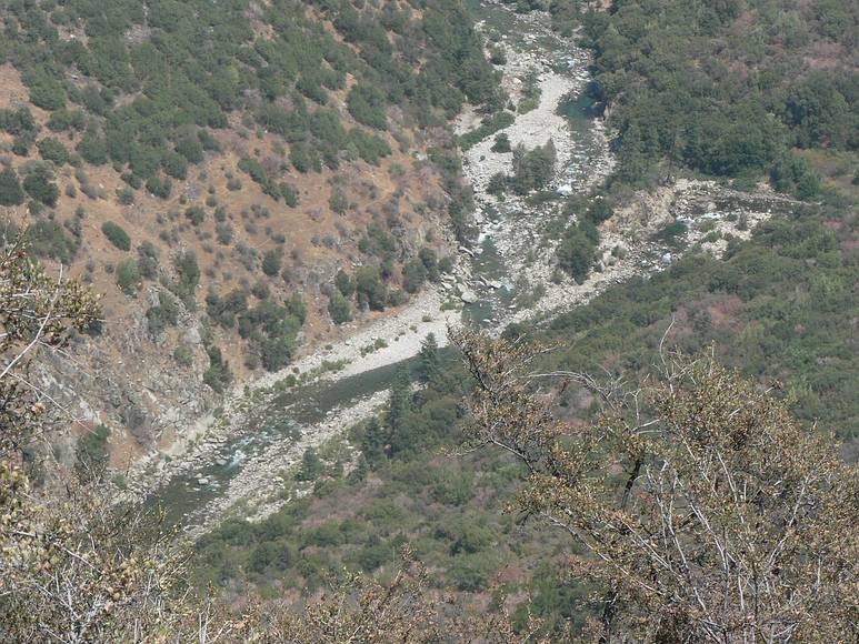 August 15, 2007 - CA-180, Sequoia National Forest, California.<br />View of the confluence of the Middle and South Forks of the Kings River<br />from one of the vista points along the road. Three days ago we swam down there.