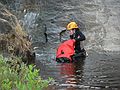 August 15, 2007 - Ten Mile Creek above CA-180, Sequoia National Forest, California.<br />Stacy wrestling her pack ashore.