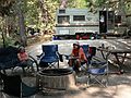 August 16, 2007 - Princess Campground, Sequoia National Forest, California.<br />Joyce and Brad at the fireplace and Sati in the door of the trailer.