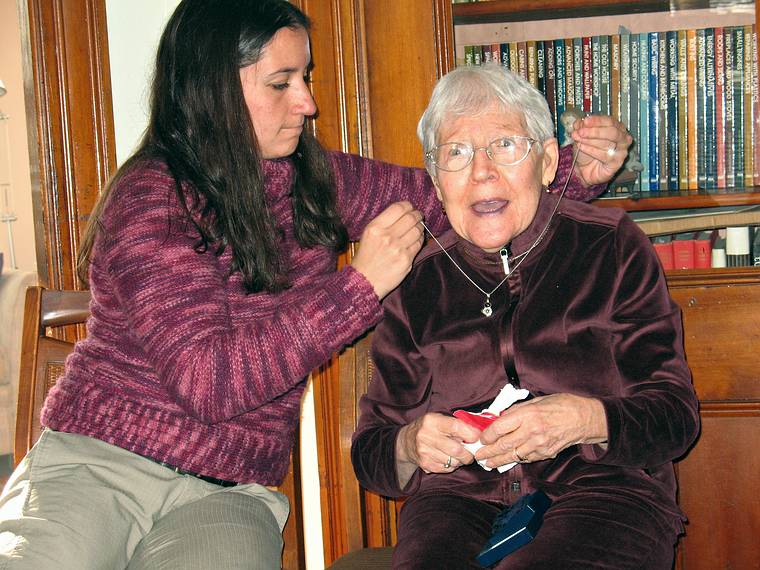 Dec. 25, 2007 - Merrimac, Massachusetts.<br />Melody helping Marie with her present.<br />(By the way, Marie is Miranda's, Matthew's, Gujns, Marks, and Dagbjrts great grandmother.)