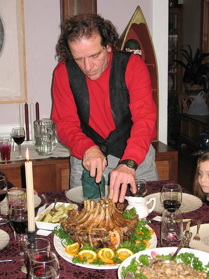 Dec. 25, 2007 - Merrimac, Massachusetts.<br />Paul carving Joyce's crown roast pork.