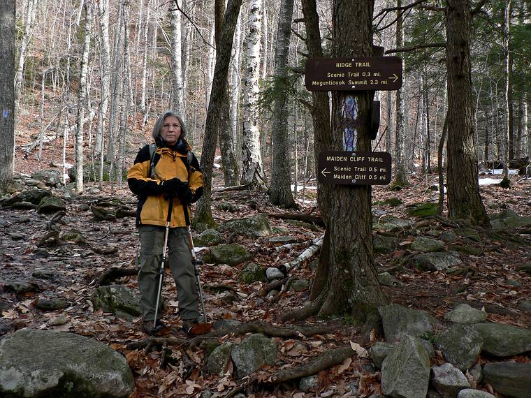 Jan. 13, 2008 - Camden, Maine.<br />Joyce on trail to Maiden Cliff.