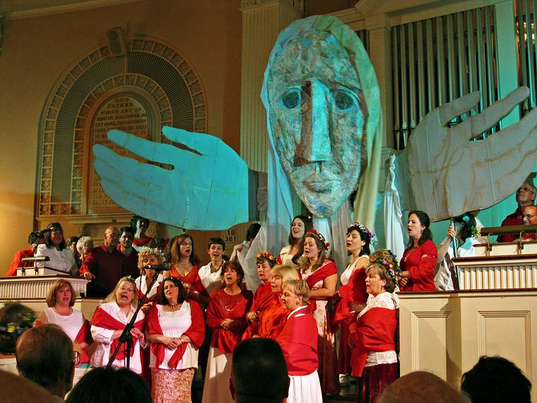 May 10, 2008 - Portsmouth, New Hampshire.<br />Con Tutti presents "Pirates and Lovers Sing in Spring" at South Church.<br />Figure made of maps by Nancy.