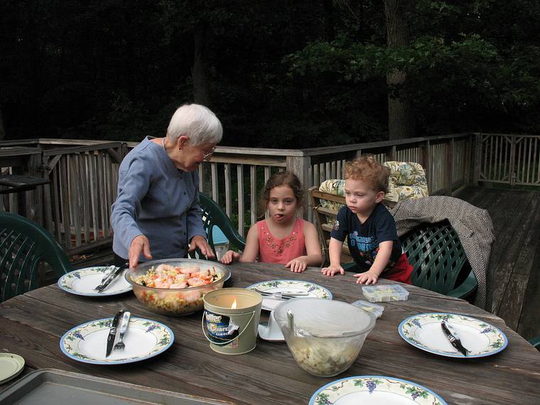 June 29, 2008 - Mendon, Massachusetts.<br />Matthew's 2nd birthday celebration.<br />Marie and great grandchildren Miranda and Matthew.